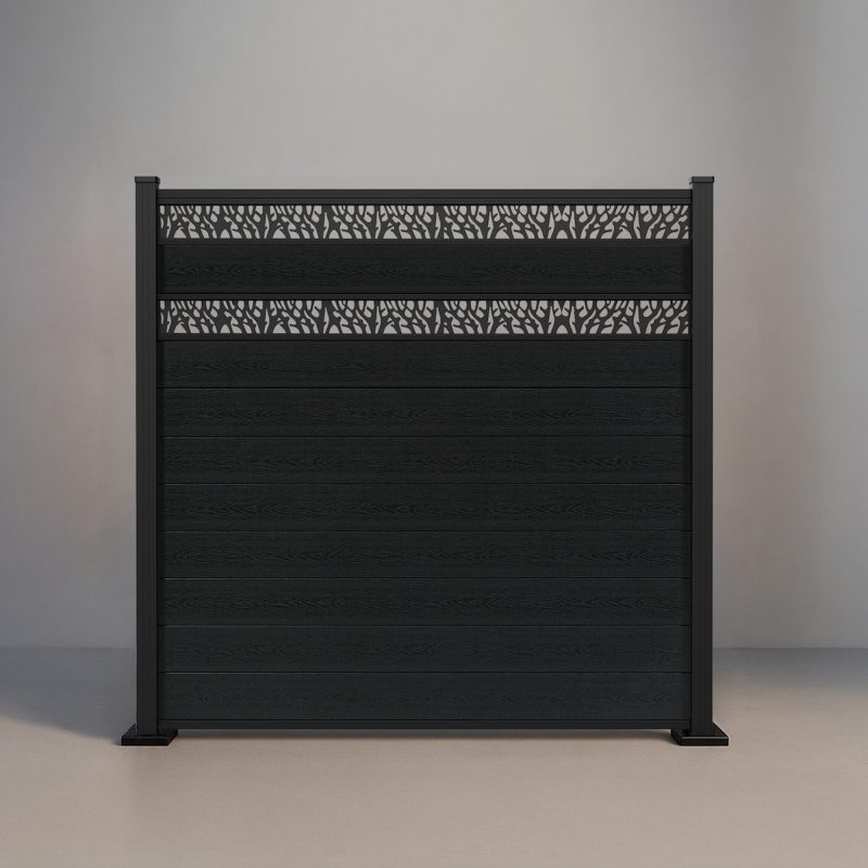GWF® Double Ornamental Lattice horizontal composite fence in Charcoal, nine tongue-and-groove boards with two matte black laser-cut aluminum lattice bands on a 6063-T5 frame.