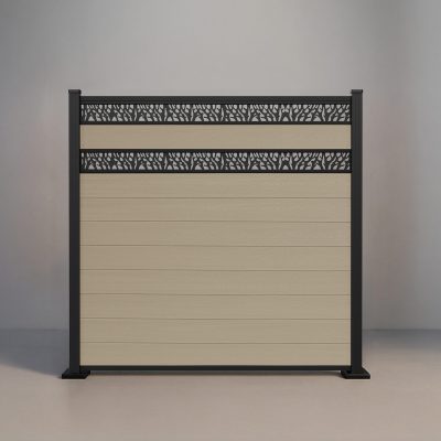 GWF® Double Ornamental Lattice horizontal composite fence in Sandy Birch, nine embossed wood-grain boards with two matte black laser-cut aluminum lattice bands on a 6063-T5 frame.