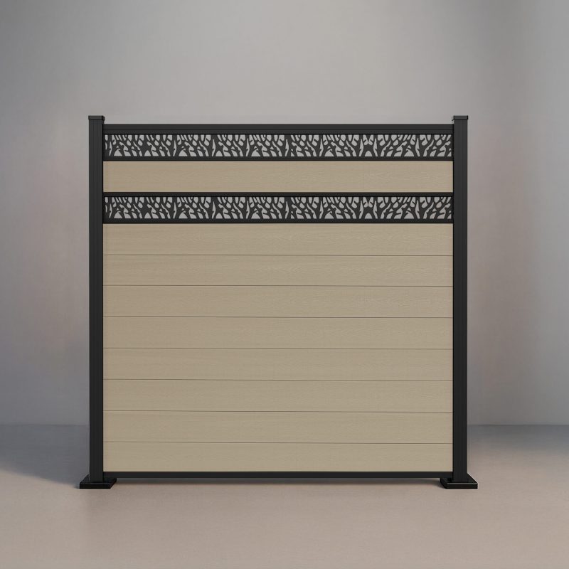 GWF® Double Ornamental Lattice horizontal composite fence in Sandy Birch, nine embossed wood-grain boards with two matte black laser-cut aluminum lattice bands on a 6063-T5 frame.