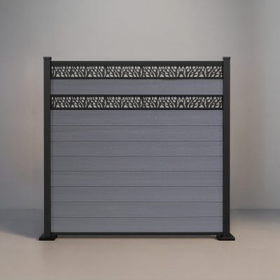 GWF® Double Ornamental Lattice horizontal composite fence in Storm Grey, nine tongue-and-groove boards with two matte black laser-cut aluminum lattice bands on a 6063-T5 frame.