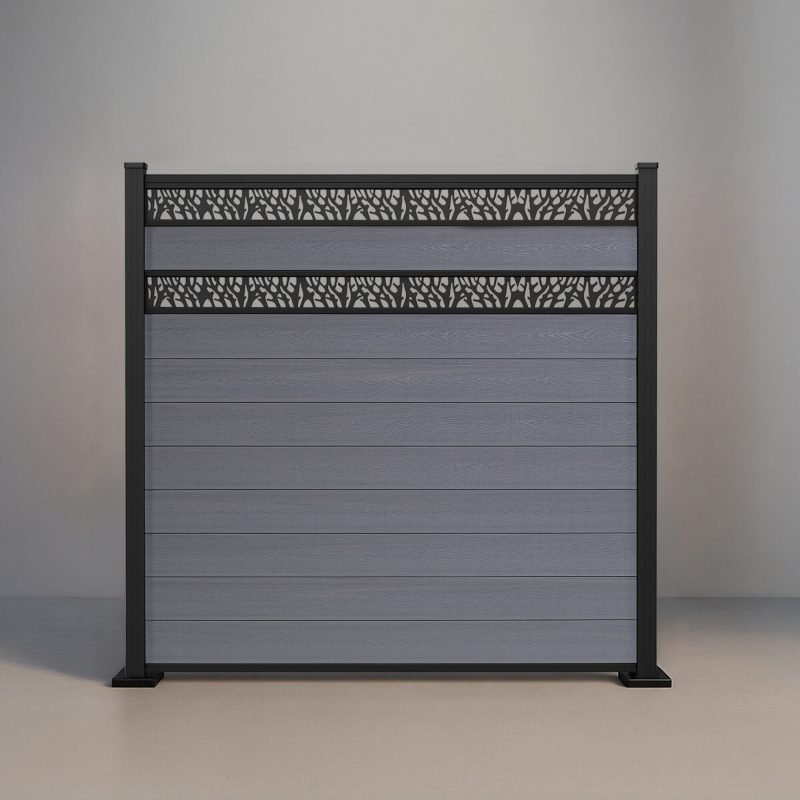 GWF® Double Ornamental Lattice horizontal composite fence in Storm Grey, nine tongue-and-groove boards with two matte black laser-cut aluminum lattice bands on a 6063-T5 frame.