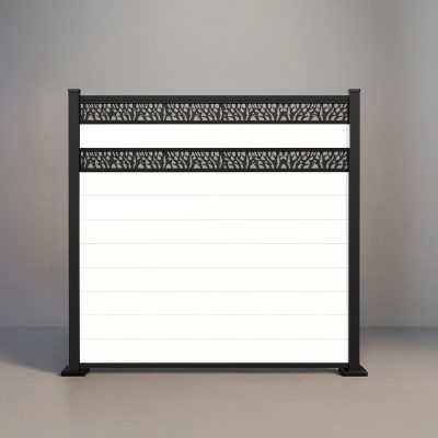 GWF® Double Ornamental Lattice horizontal vinyl fence in Mykonian White, nine smooth boards with two matte black laser-cut aluminum lattice bands on a 6063-T5 frame.