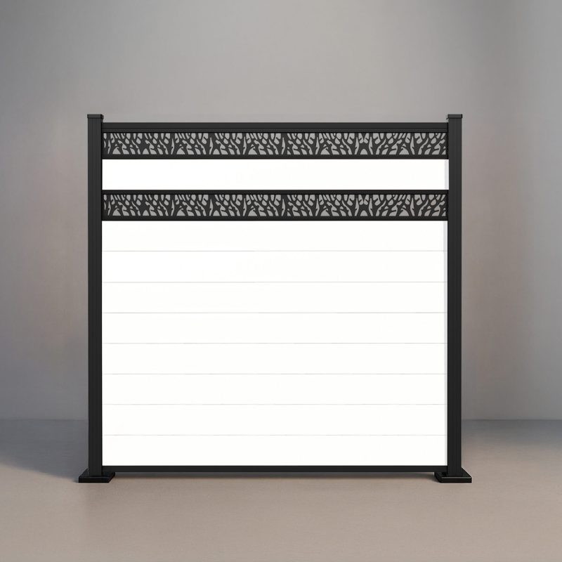 GWF® Double Ornamental Lattice horizontal vinyl fence in Mykonian White, nine smooth boards with two matte black laser-cut aluminum lattice bands on a 6063-T5 frame.