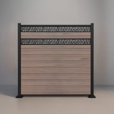 GWF® Double Ornamental Lattice horizontal vinyl fence in Woodgrain Walnut, nine woodgrain boards with two matte black laser-cut aluminum lattice bands.