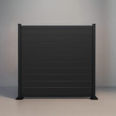 GWF® Elite Deluxe horizontal modular aluminum fence in Matte Black with 6063-T5 framing, 80mm rail reveal, and AAMA 2604 powder coat.