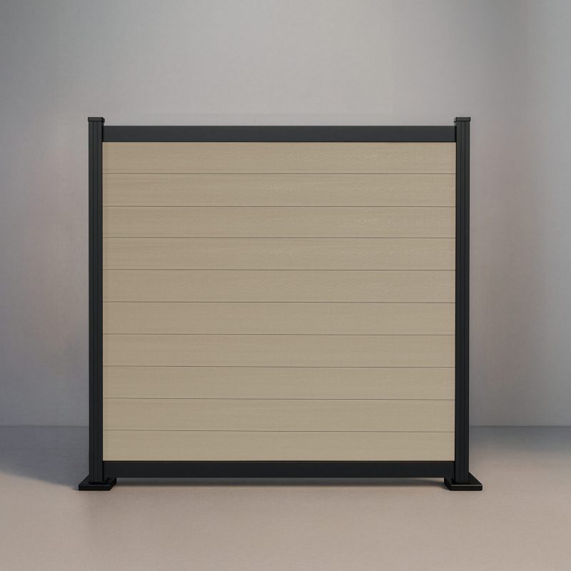 GWF® Elite Deluxe horizontal modular composite fence in Sandy Birch with 6063-T5 aluminum framing and 80mm rail reveal.
