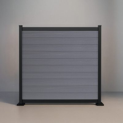 GWF® Elite Deluxe horizontal modular composite fence in Storm Grey with 6063-T5 aluminum framing and 80mm rail reveal.