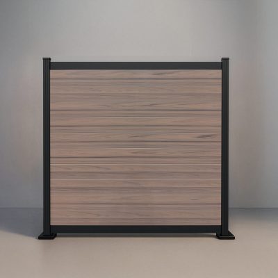 GWF® Elite Deluxe horizontal vinyl fence in Woodgrain Walnut, ten solid woodgrain boards framed by bold 80mm rails on a 6063-T5 aluminum frame.
