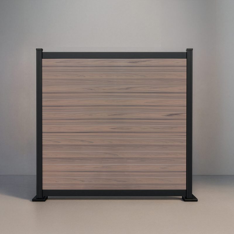 GWF® Elite Deluxe horizontal vinyl fence in Woodgrain Walnut, ten solid woodgrain boards framed by bold 80mm rails on a 6063-T5 aluminum frame.