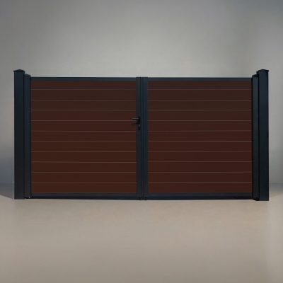 GWF® Elite Privacy modular aluminum double swing gate in Aspen Brown, horizontal slat boards with matte black frame and posts, studio front view