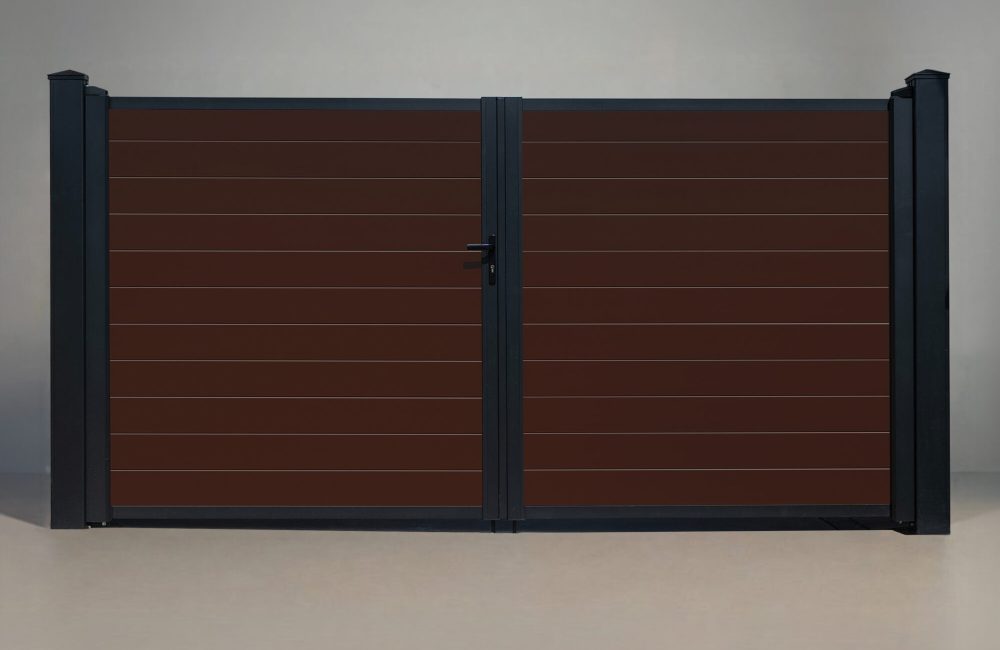 GWF® Elite Privacy modular aluminum double swing gate in Aspen Brown, horizontal slat boards with matte black frame and posts, studio front view