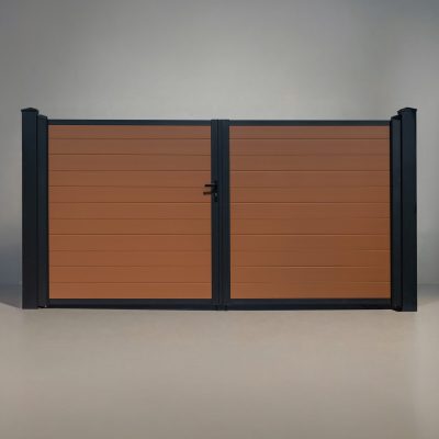 GWF® Elite Privacy modular aluminum double swing gate in Cedar, horizontal slat boards with matte black frame and posts, studio front view