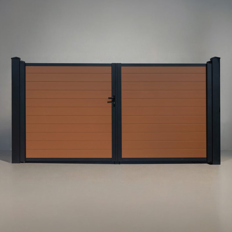 GWF® Elite Privacy modular aluminum double swing gate in Cedar, horizontal slat boards with matte black frame and posts, studio front view