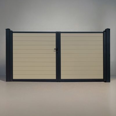GWF® Elite Privacy modular aluminum double swing gate in Sandy Birch, horizontal slat boards with matte black frame and posts, studio front view