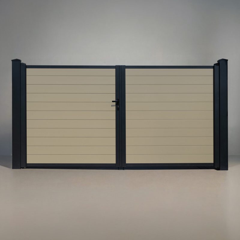 GWF® Elite Privacy modular aluminum double swing gate in Sandy Birch, horizontal slat boards with matte black frame and posts, studio front view