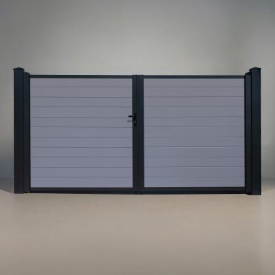 GWF® Elite Privacy modular aluminum double swing gate in Storm Grey, horizontal slat boards with matte black frame and posts, studio front view