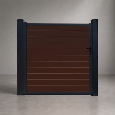 GWF® Elite Privacy modular aluminum single swing gate in Aspen Brown, horizontal slat boards with matte black frame and posts, studio front view