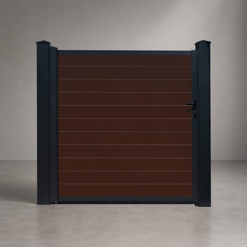 GWF® Elite Privacy modular aluminum single swing gate in Aspen Brown, horizontal slat boards with matte black frame and posts, studio front view