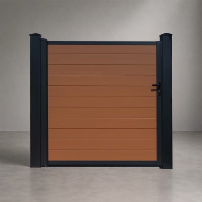GWF® Elite Privacy modular aluminum single swing gate in Cedar, horizontal slat boards with matte black frame and posts, studio front view
