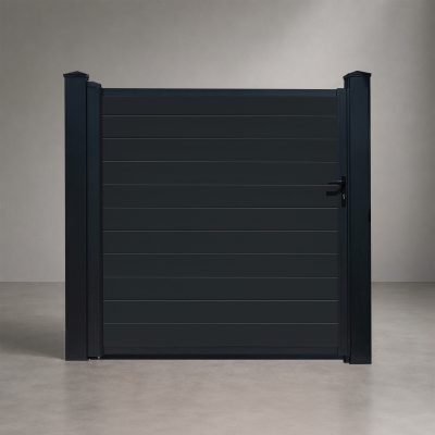 GWF® Elite Privacy modular aluminum single swing gate in matte black, frame, posts, and horizontal slat board infill in one uniform finish, studio front view