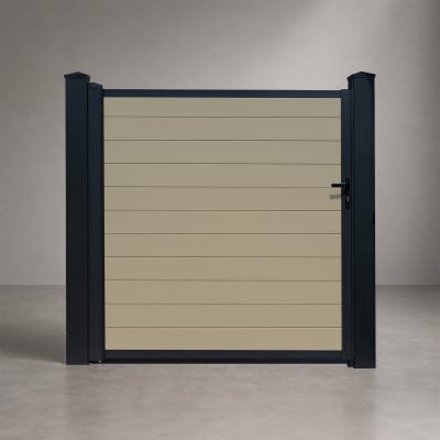 GWF® Elite Privacy modular aluminum single swing gate in Sandy Birch, horizontal slat boards with matte black frame and posts, studio front view