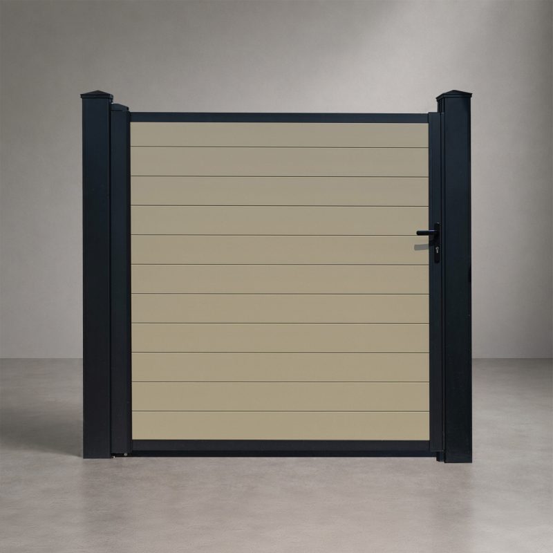 GWF® Elite Privacy modular aluminum single swing gate in Sandy Birch, horizontal slat boards with matte black frame and posts, studio front view