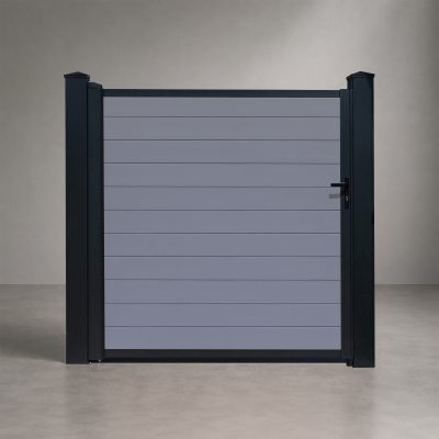 GWF® Elite Privacy modular aluminum single swing gate in Storm Grey, horizontal slat boards with matte black frame and posts, studio front view
