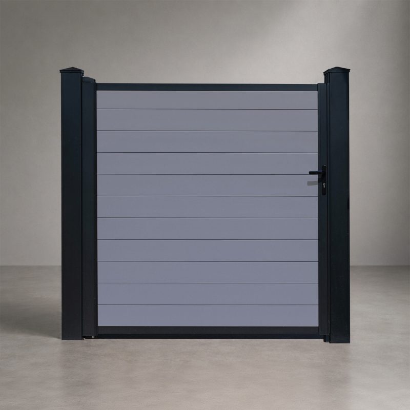 GWF® Elite Privacy modular aluminum single swing gate in Storm Grey, horizontal slat boards with matte black frame and posts, studio front view