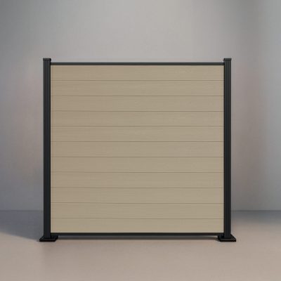 GWF® Elite Privacy horizontal modular composite fence in Sandy Birch with 6063-T5 aluminum framing and 30mm rail reveal.