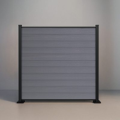 GWF® Elite Privacy horizontal modular composite fence in Storm Grey with 6063-T5 aluminum framing and 30mm rail reveal.