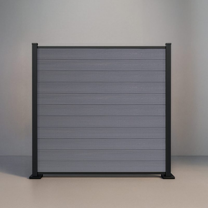 GWF® Elite Privacy horizontal modular composite fence in Storm Grey with 6063-T5 aluminum framing and 30mm rail reveal.