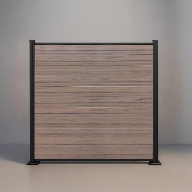 GWF® Elite Privacy horizontal vinyl fence in Woodgrain Walnut, eleven solid woodgrain boards between slim 30mm rails on a 6063-T5 aluminum frame.