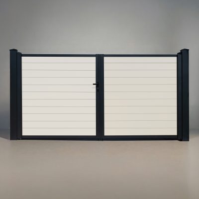 GWF® Elite Privacy modular vinyl double swing gate in Mykonian White, horizontal slat boards with matte black frame and posts, studio front view