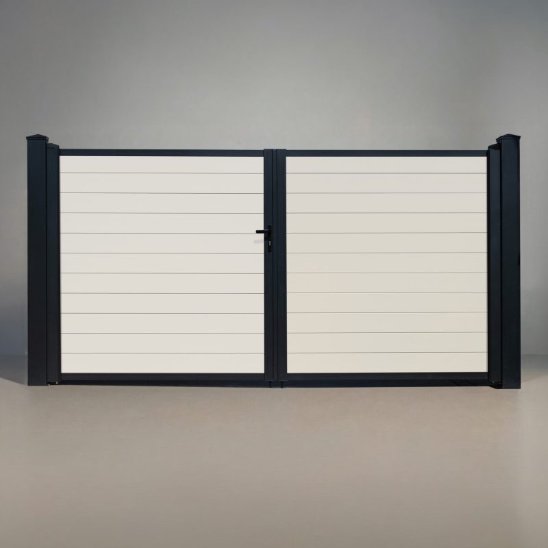 GWF® Elite Privacy modular vinyl double swing gate in Mykonian White, horizontal slat boards with matte black frame and posts, studio front view