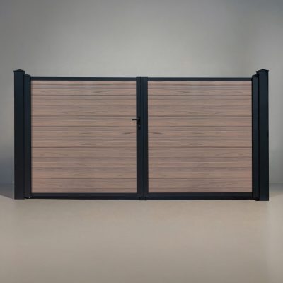GWF® Elite Privacy modular vinyl double swing gate in Woodgrain Walnut, horizontal slat boards with matte black frame and posts, studio front view