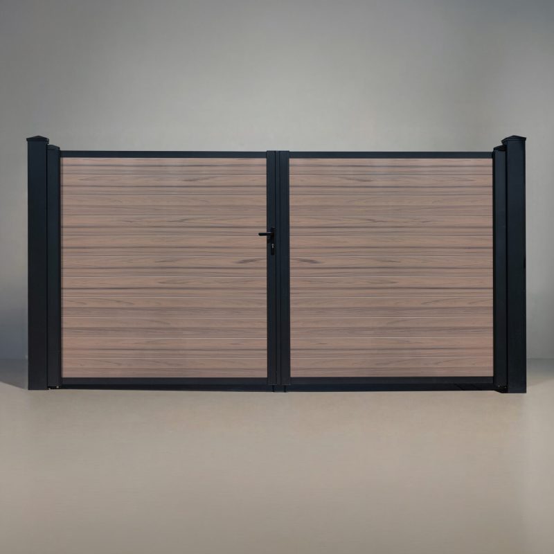 GWF® Elite Privacy modular vinyl double swing gate in Woodgrain Walnut, horizontal slat boards with matte black frame and posts, studio front view