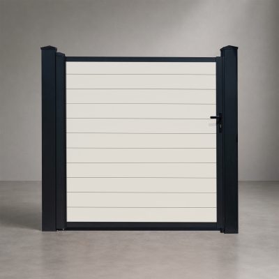 GWF® Elite Privacy modular vinyl single swing gate in Mykonian White, horizontal slat boards with matte black frame and posts, studio front view