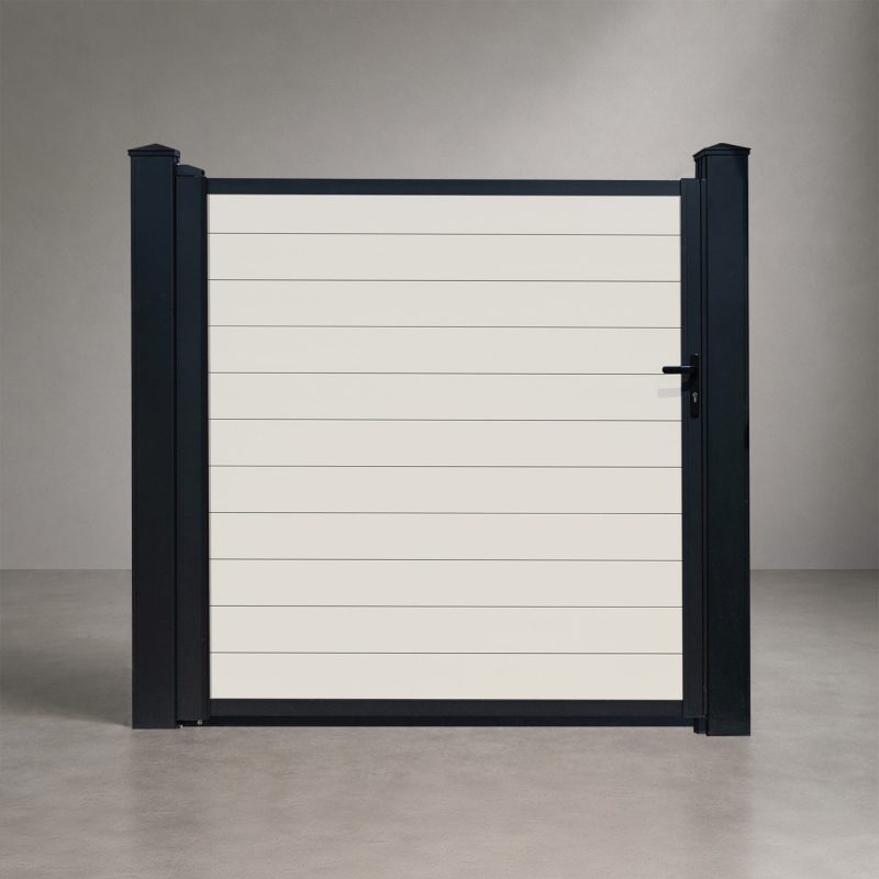 GWF® Elite Privacy modular vinyl single swing gate in Mykonian White, horizontal slat boards with matte black frame and posts, studio front view