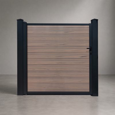 GWF® Elite Privacy modular vinyl single swing gate in Woodgrain Walnut, horizontal woodgrain slat boards with matte black frame and posts, studio front view