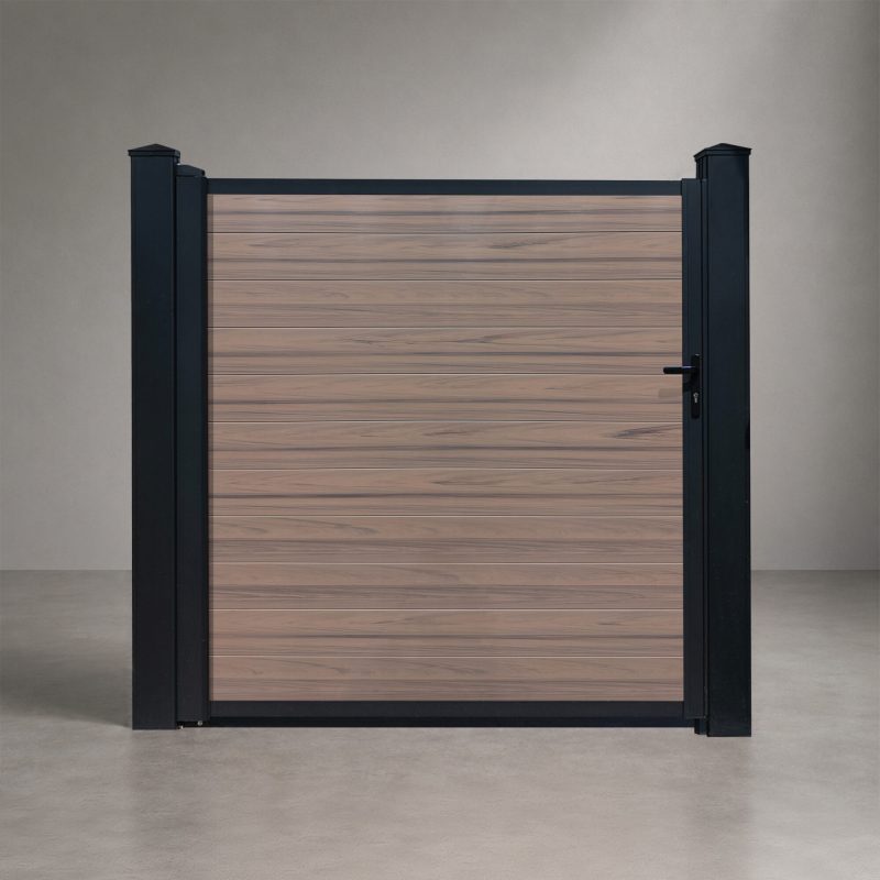 GWF® Elite Privacy modular vinyl single swing gate in Woodgrain Walnut, horizontal woodgrain slat boards with matte black frame and posts, studio front view