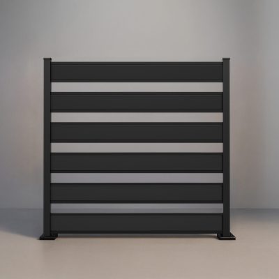 GWF® Horizontal Picket aluminum fence in Matte Black, six boards with open 4 inch spacing and a unified AAMA 2604 finish.