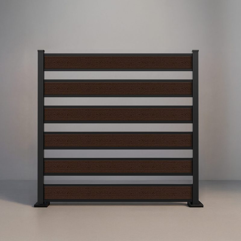 GWF® Horizontal Picket composite fence in Aspen Brown, six tongue-and-groove boards with open 4 inch spacing on a 6063-T5 aluminum frame.