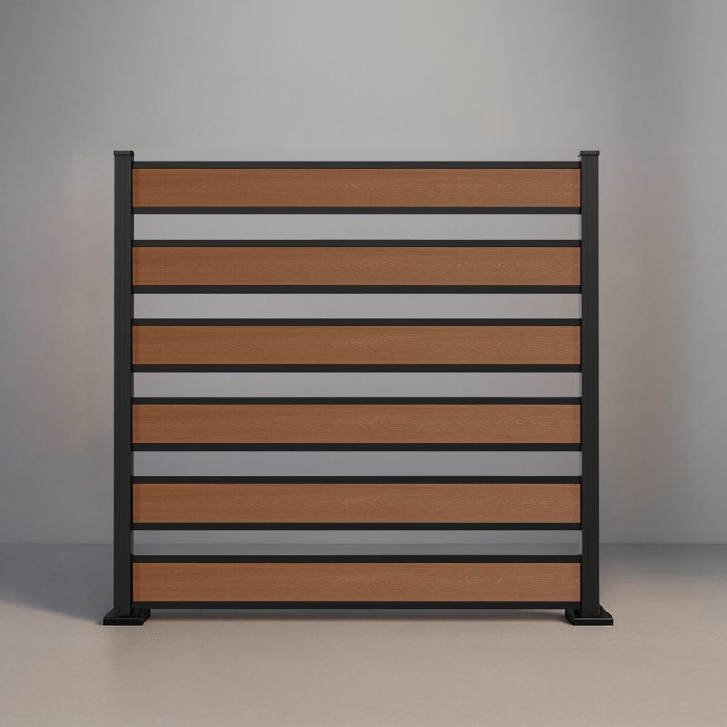 GWF® Horizontal Picket composite fence in Cedar, six embossed wood-grain boards with open 4 inch spacing on a 6063-T5 aluminum frame.