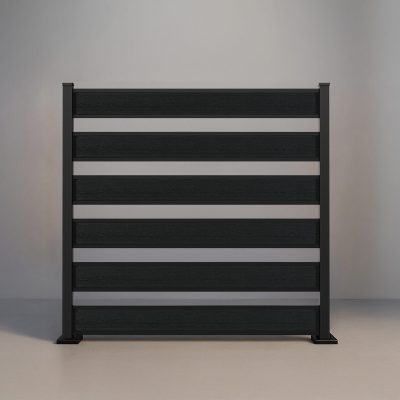 GWF® Horizontal Picket composite fence in Charcoal, six tongue-and-groove boards with open 4 inch spacing on a 6063-T5 aluminum frame.