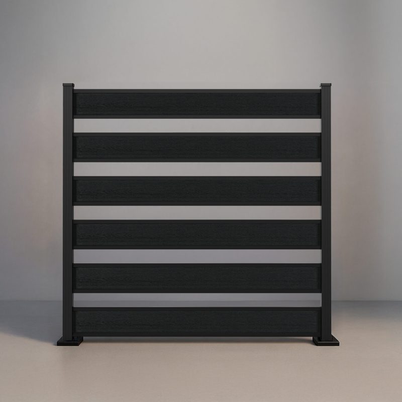 GWF® Horizontal Picket composite fence in Charcoal, six tongue-and-groove boards with open 4 inch spacing on a 6063-T5 aluminum frame.