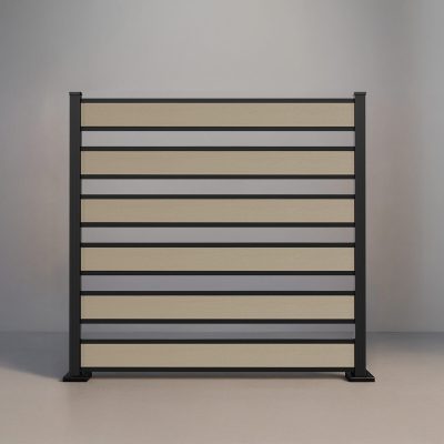 GWF® Horizontal Picket composite fence in Sandy Birch, six embossed wood-grain boards with open 4 inch spacing on a 6063-T5 aluminum frame.