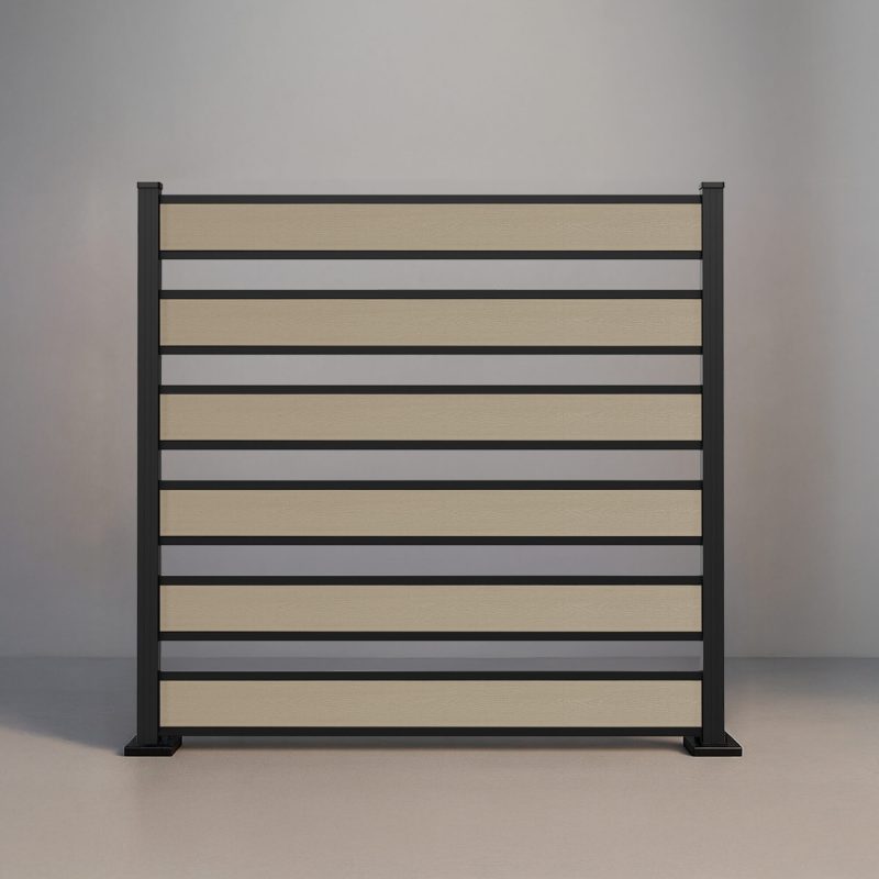GWF® Horizontal Picket composite fence in Sandy Birch, six embossed wood-grain boards with open 4 inch spacing on a 6063-T5 aluminum frame.