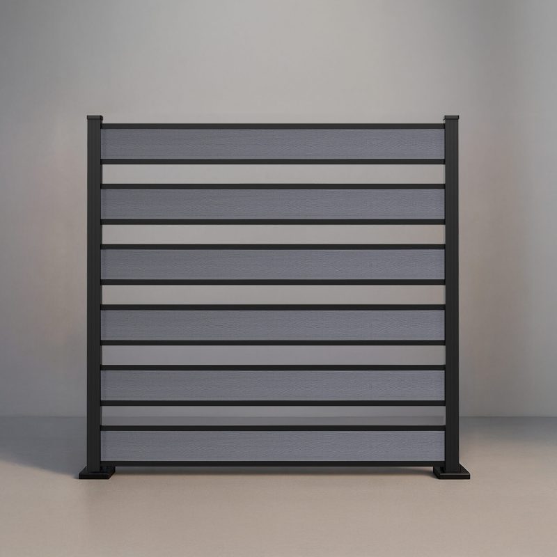 GWF® Horizontal Picket composite fence in Storm Grey, six tongue-and-groove boards with open 4 inch spacing on a 6063-T5 aluminum frame.