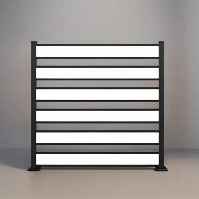 GWF® Horizontal Picket vinyl fence in Mykonian White, six smooth boards with open 4 inch spacing on a 6063-T5 aluminum frame.
