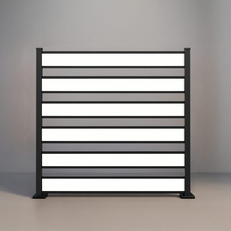 GWF® Horizontal Picket vinyl fence in Mykonian White, six smooth boards with open 4 inch spacing on a 6063-T5 aluminum frame.